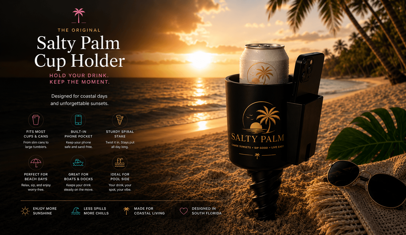 Salty Palm Cup Holder — The Original, beach sunset