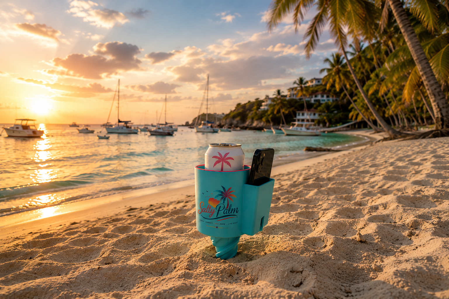 Salty Palm cup holder staked in the sand at tropical sunset